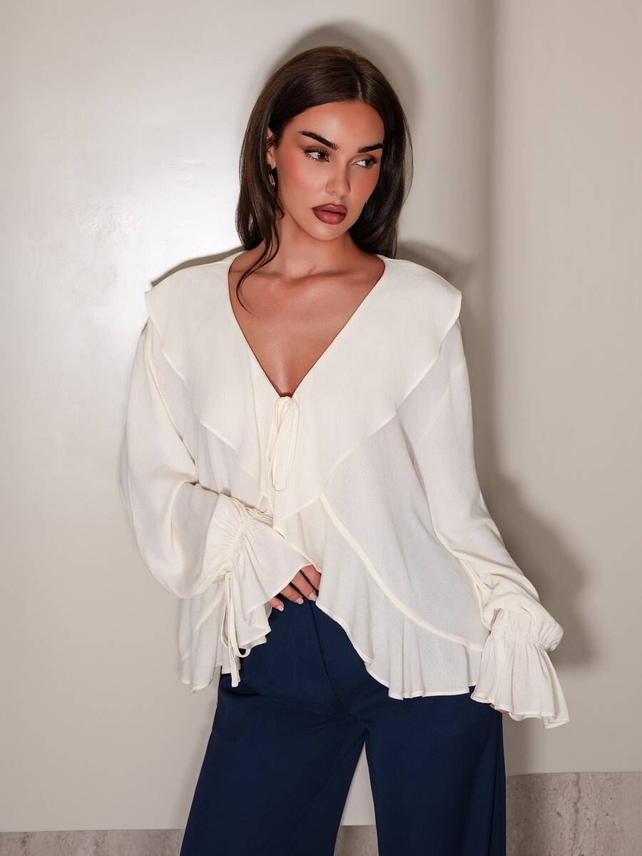 Linen Blend Ruffle Hem Sheer Blouse