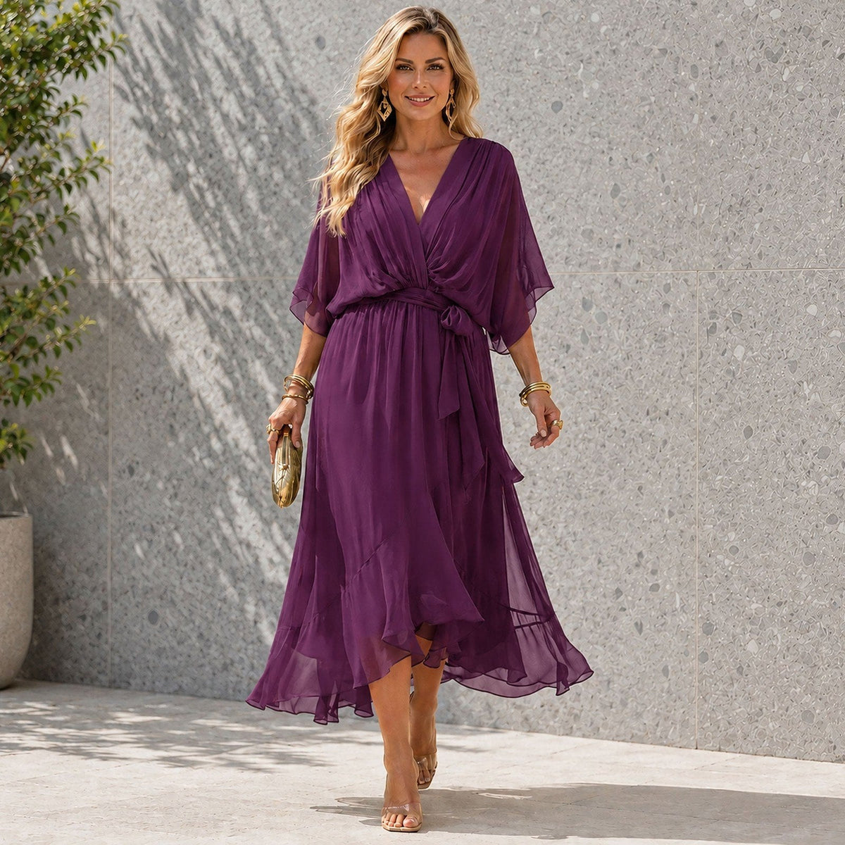 Layered V Neck Wedding Guest Dress