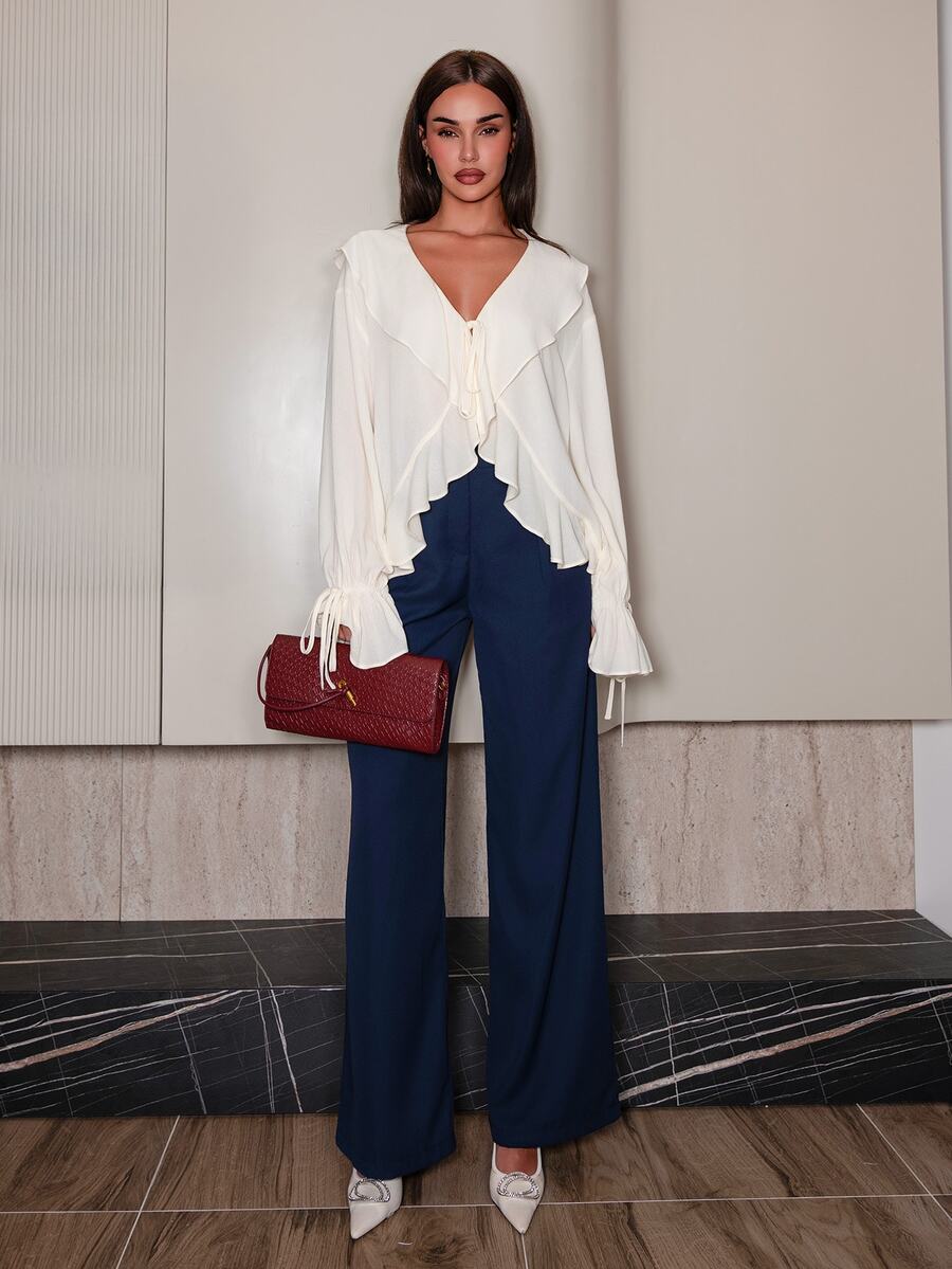 Linen Blend Ruffle Hem Sheer Blouse