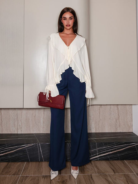 Linen Blend Ruffle Hem Sheer Blouse