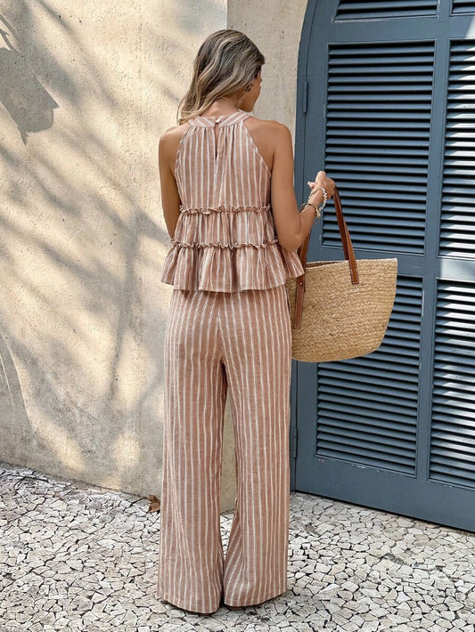 Striped Frill Halter Top and Pants Set