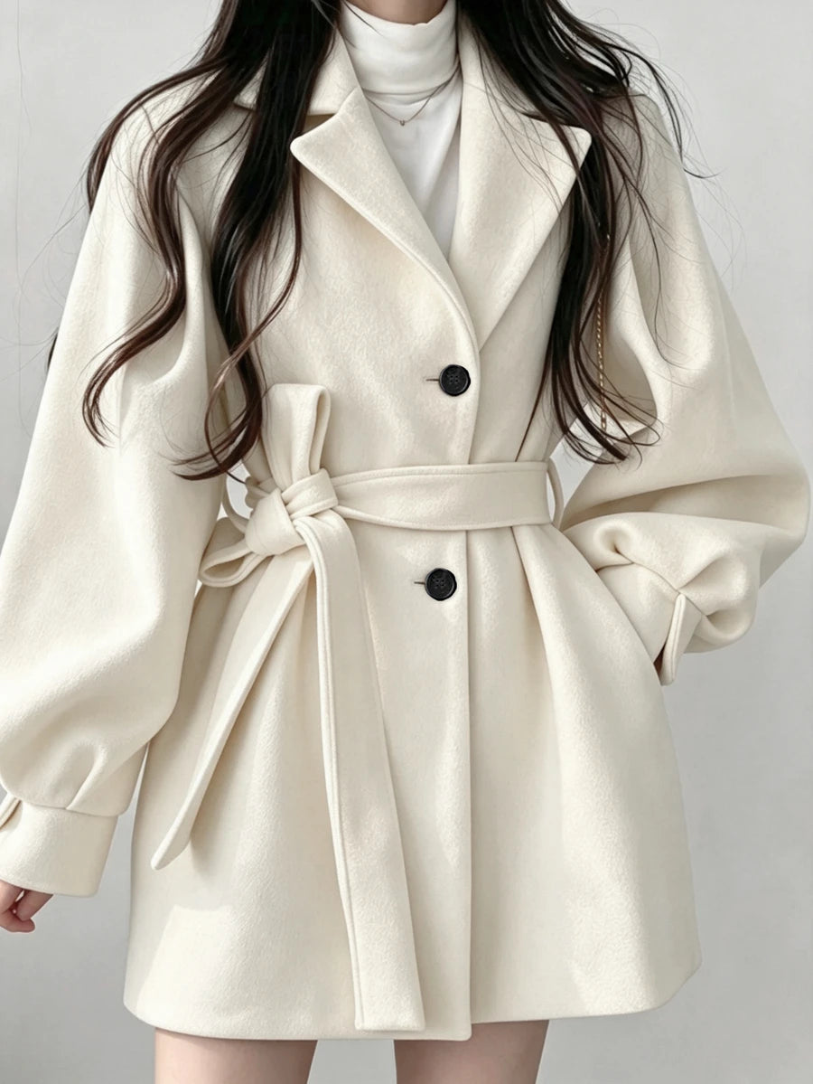 Belted Tweed Double Breasted Long Jacket