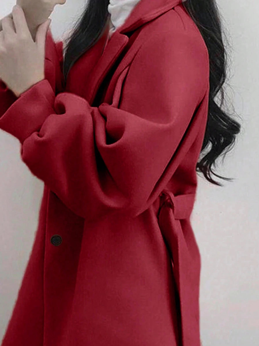Belted Tweed Double Breasted Long Jacket