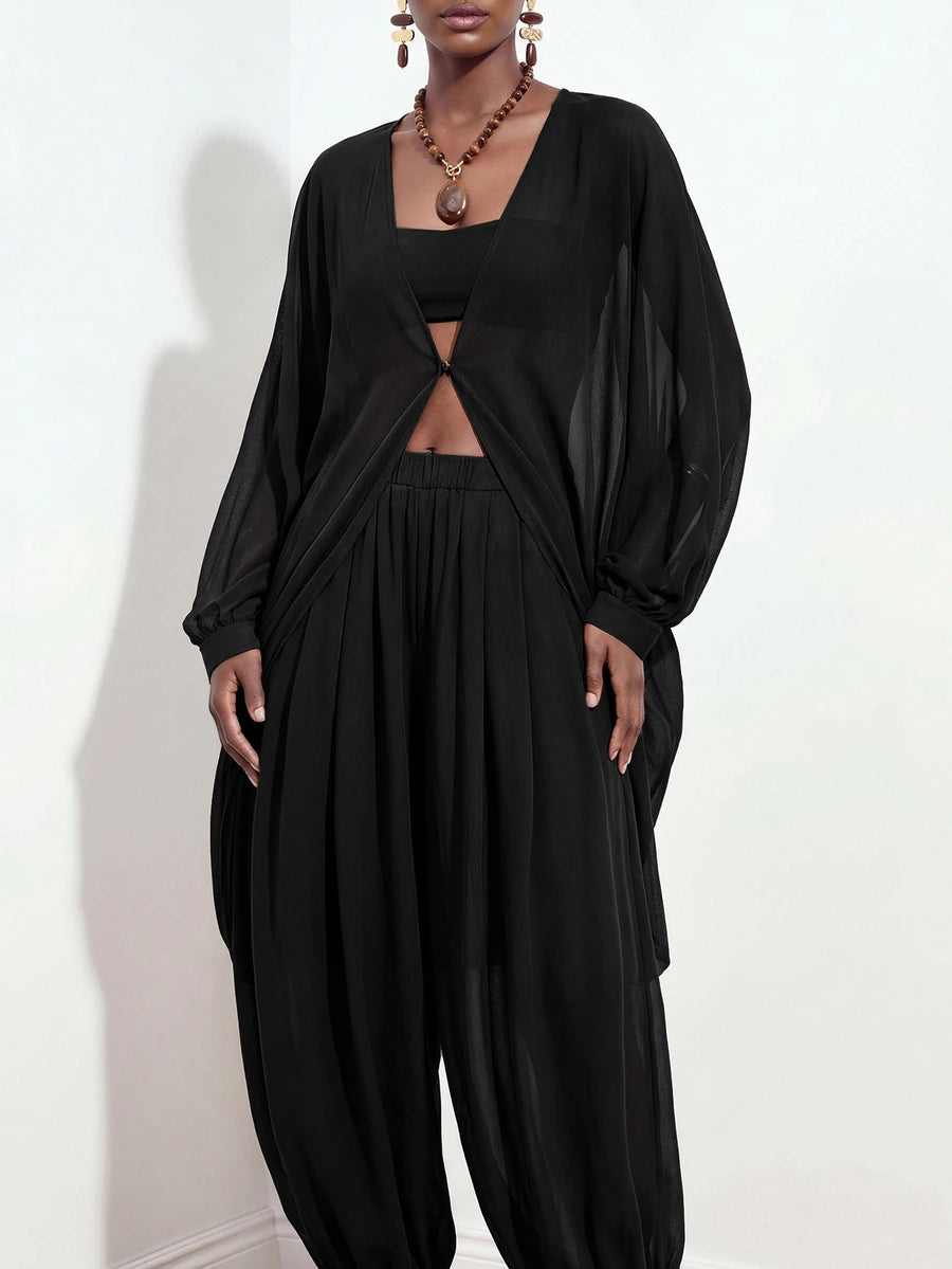 Chiffon V Neck Blouse and Pants Set