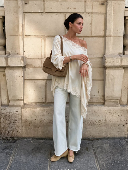 Satin Lace Trim Asymmetric Blouse