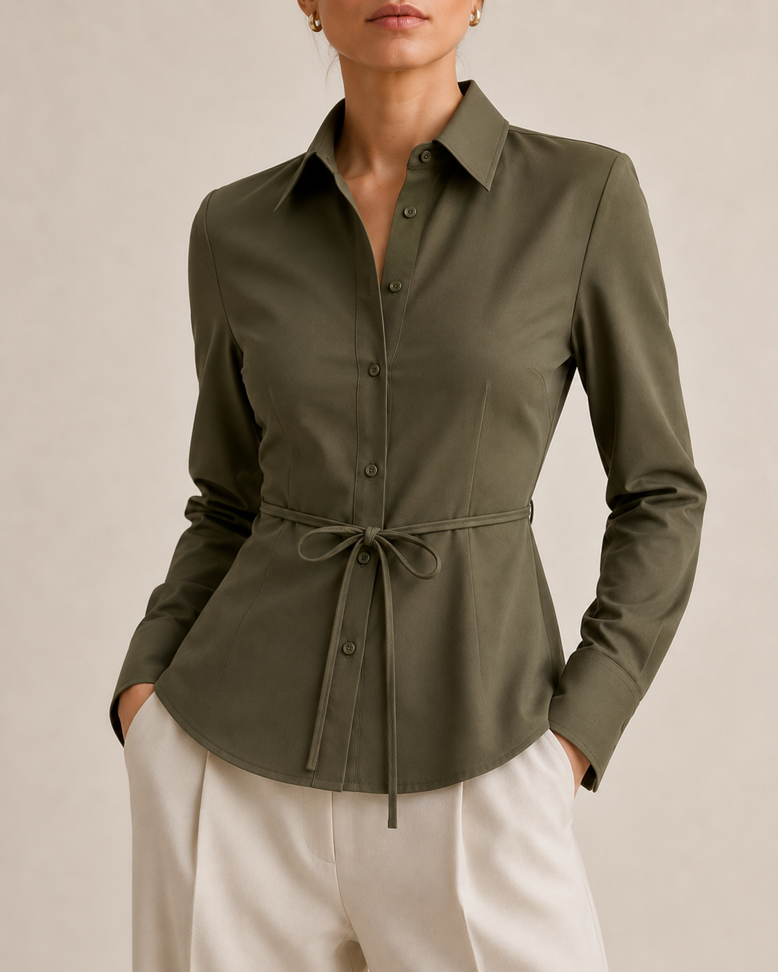 Curved Hem Shirt in army green, front