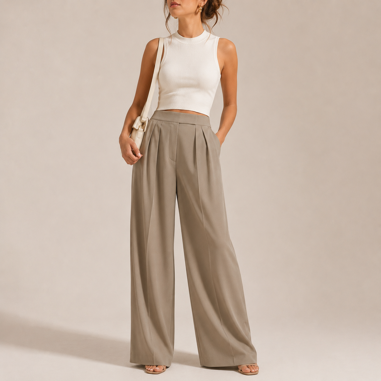 Wide-leg tailored trousers beige - front