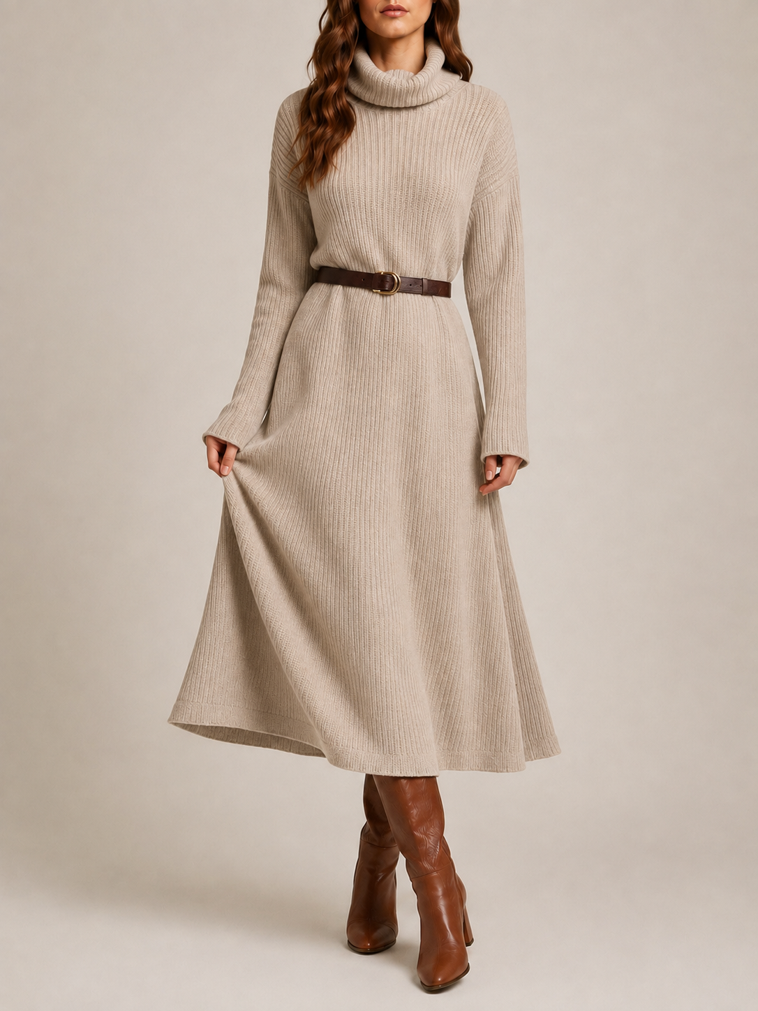 Draped Midi Dress in beige, front