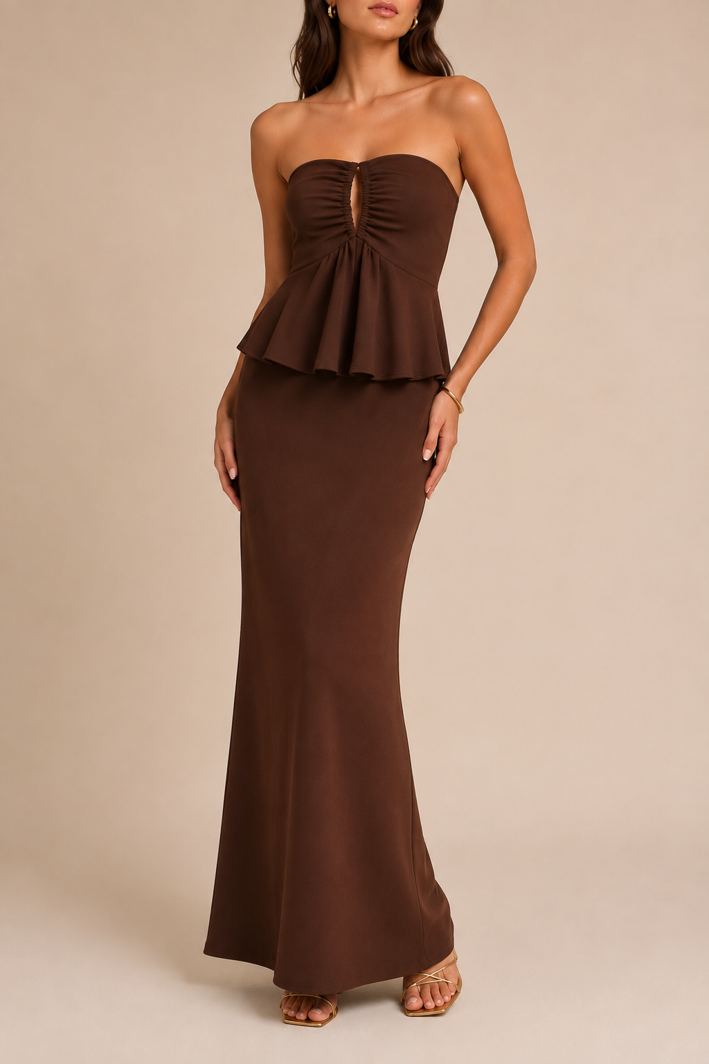 Strapless column maxi dress brown - front