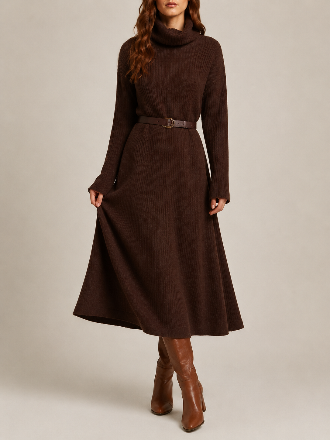 Draped Midi Dress in brown, front