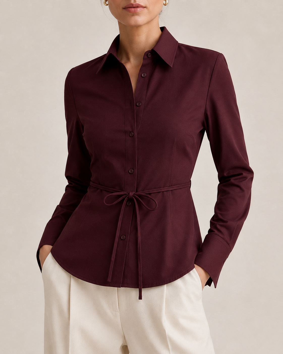 Curved Hem Shirt in burgundy, front