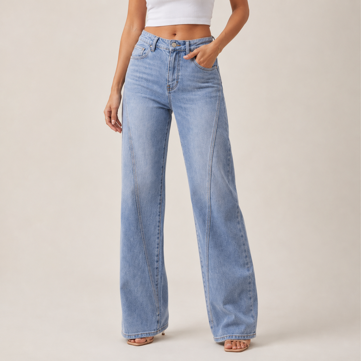 Wide-leg jeans washed blue - front