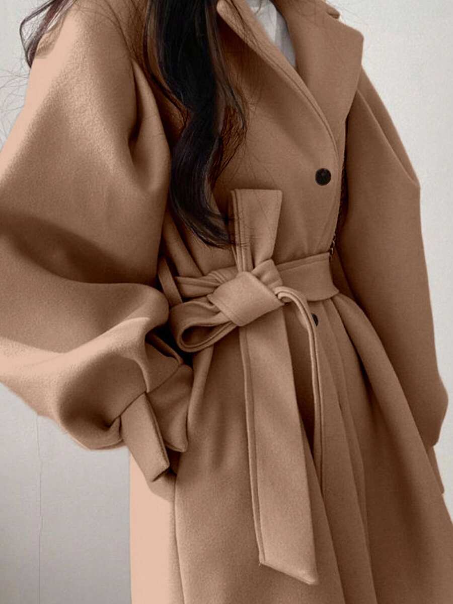 Belted Tweed Double Breasted Long Jacket