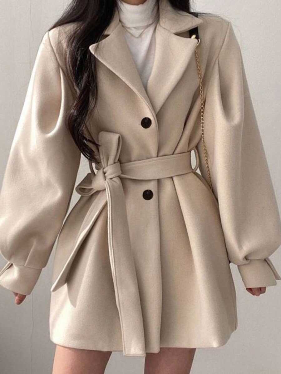 Belted Tweed Double Breasted Long Jacket