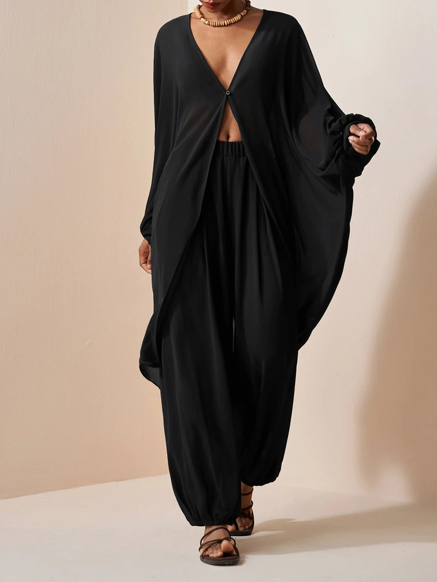 Chiffon V Neck Blouse and Pants Set