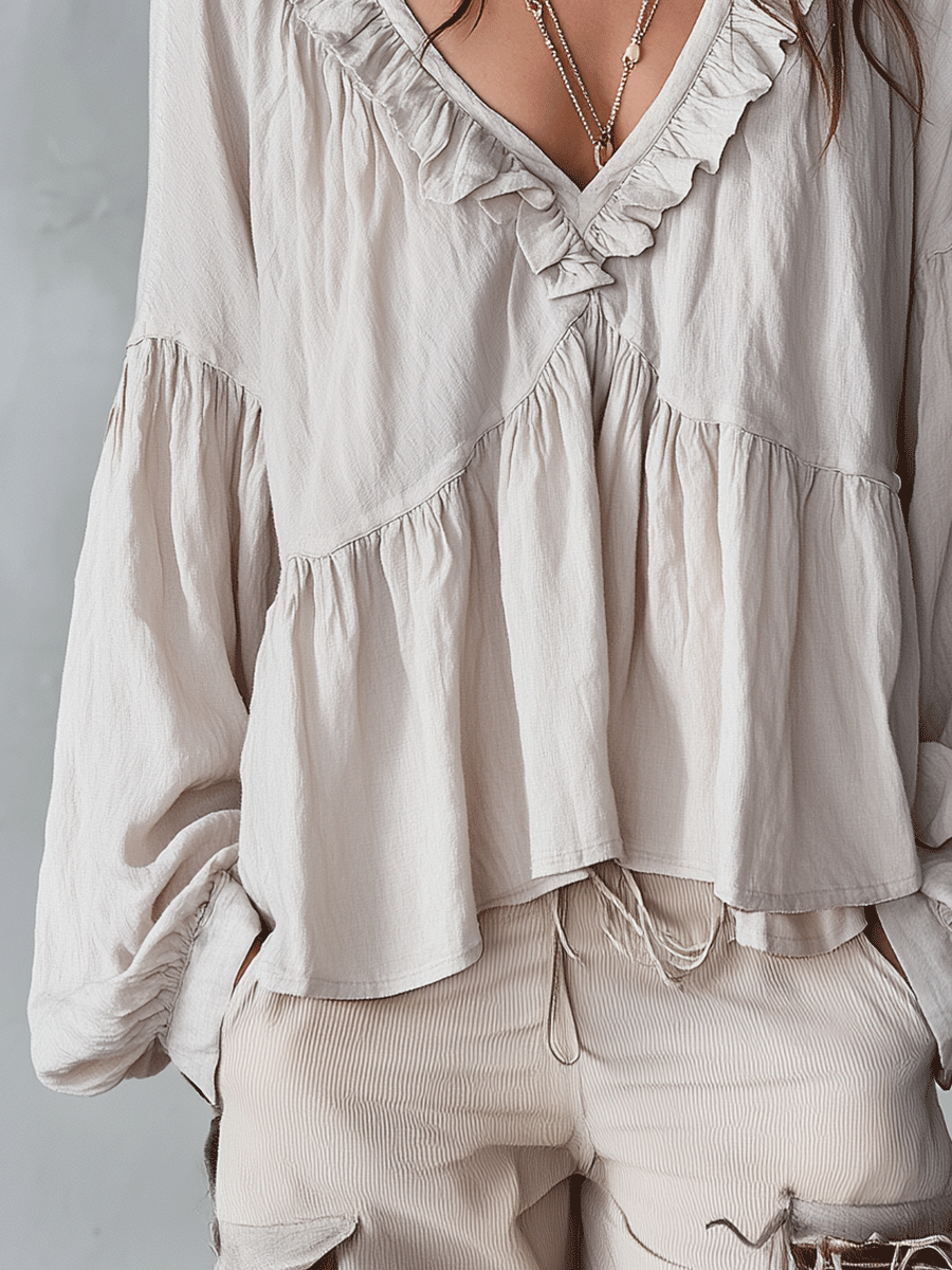 Ruffle V Neck Tiered Blouse with Balloon Sleeves
