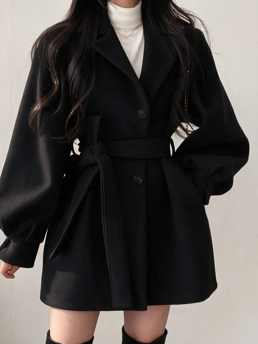 Belted Tweed Double Breasted Long Jacket