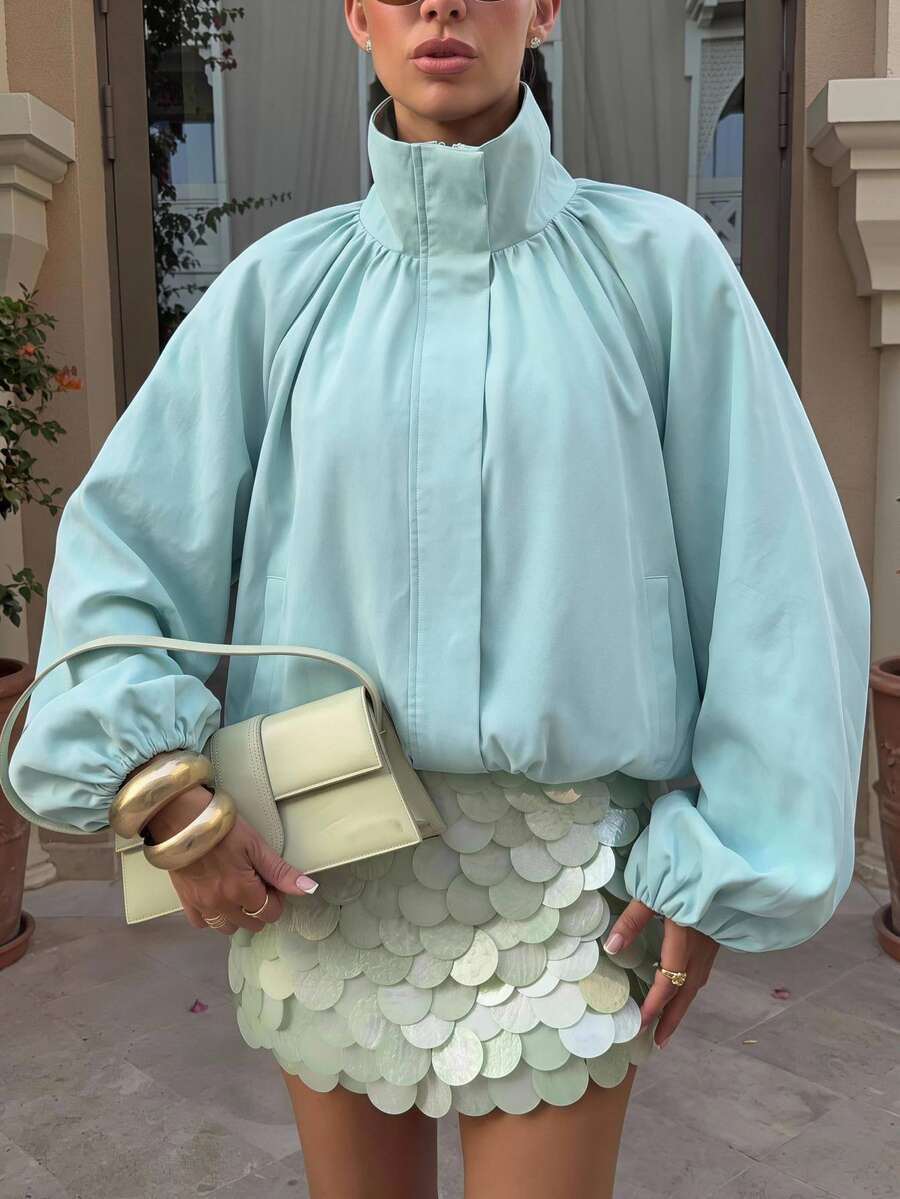 High Neck Ruched Zip Jacket