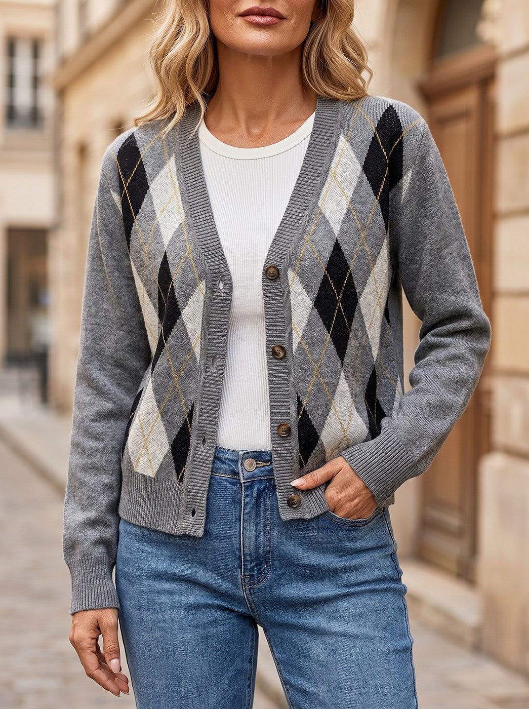Argyle Cardigan with Ribbed Trim