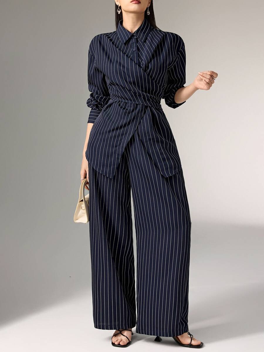 Cinched Waist Wrap Shirt and Pants Set