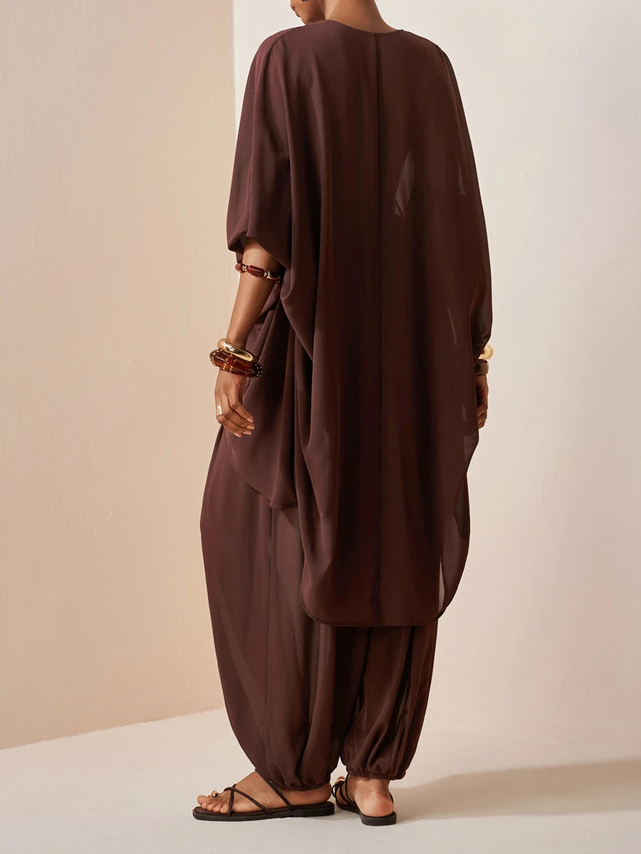 Chiffon V Neck Blouse and Pants Set