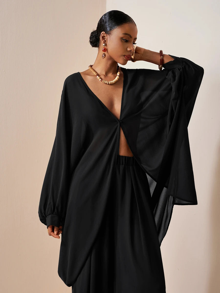 Chiffon V Neck Blouse and Pants Set
