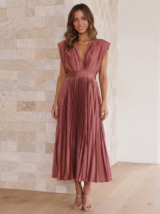 Pleated V Neck Midi Cocktail Dress