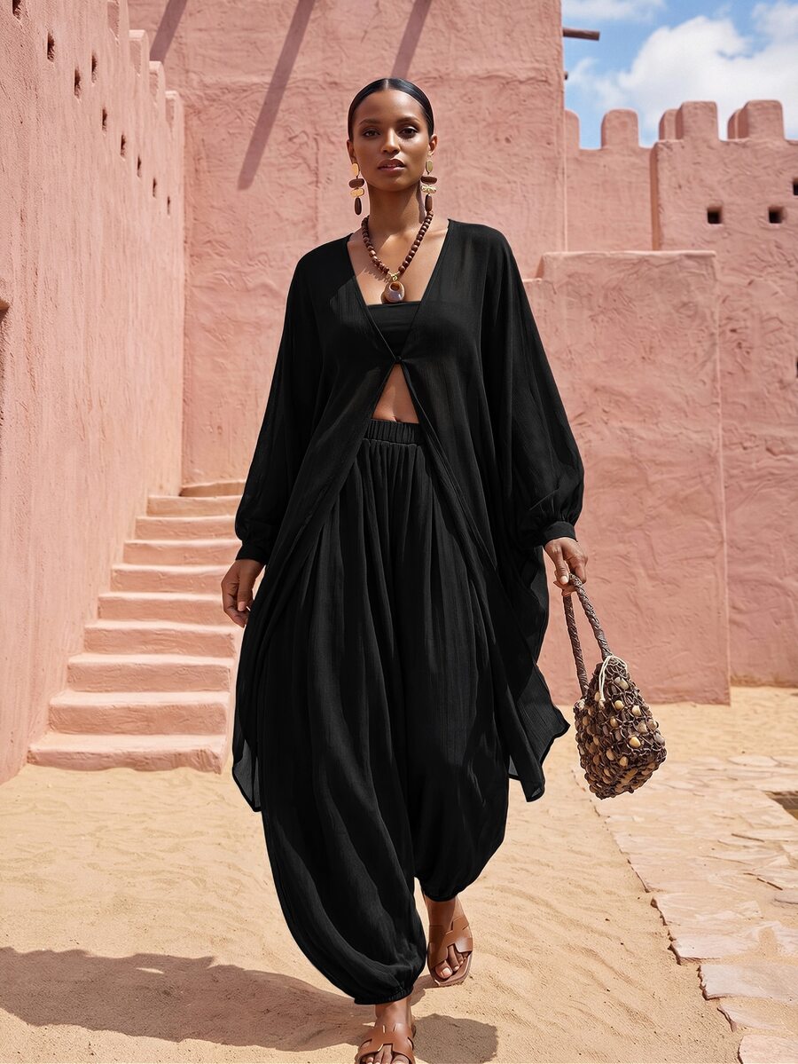 Chiffon V Neck Blouse and Pants Set