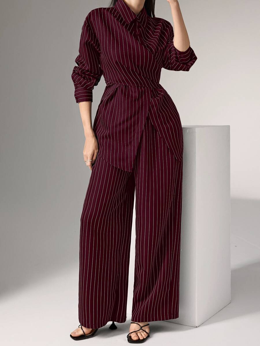 Cinched Waist Wrap Shirt and Pants Set