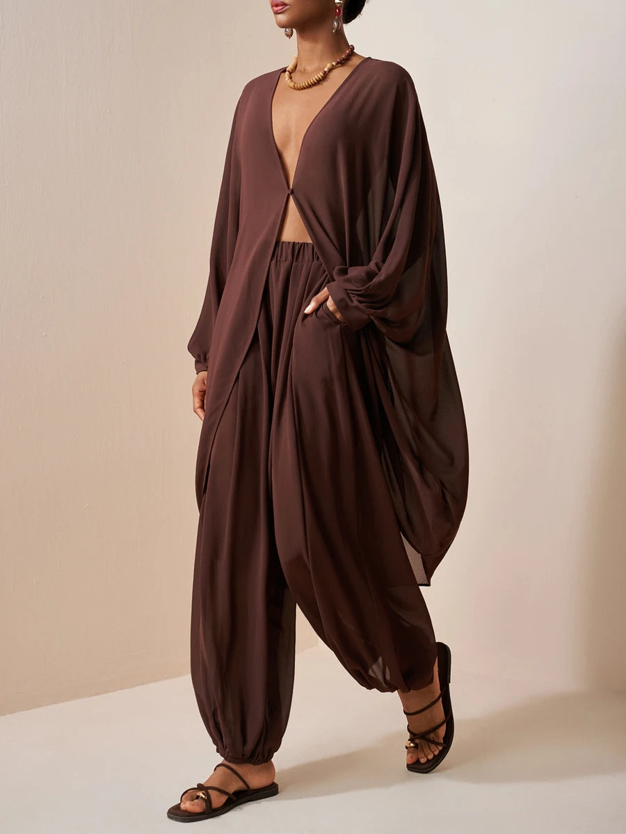 Chiffon V Neck Blouse and Pants Set