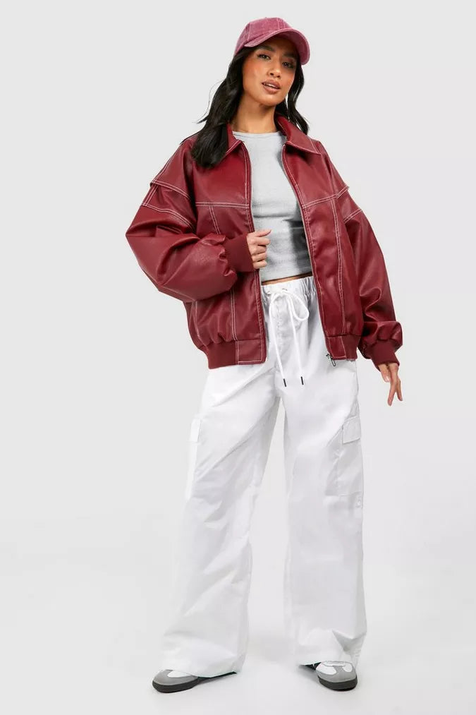 Oversized Faux Leather Bomber Jacket