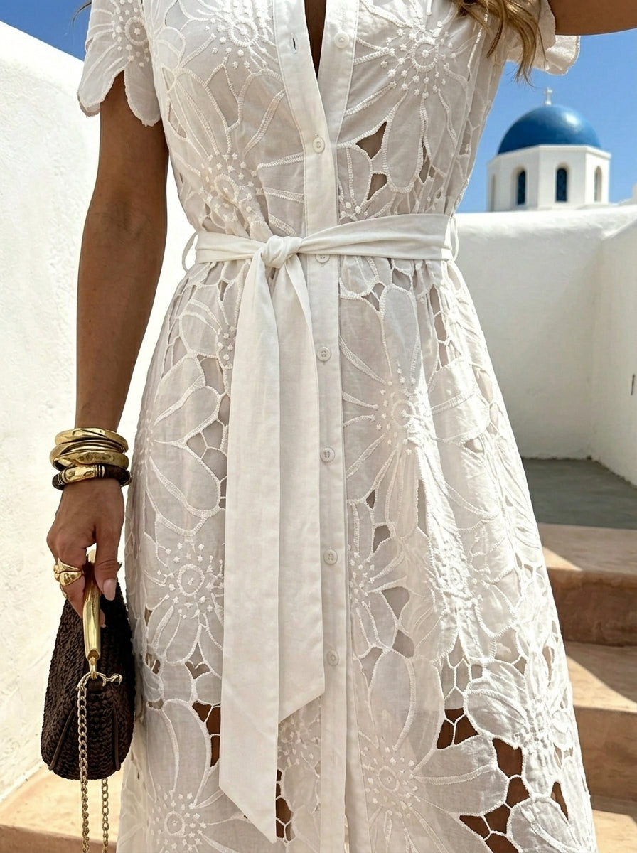 Lace Trim Belted Maxi Shirt Dress