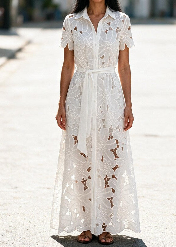 Lace Trim Belted Maxi Shirt Dress