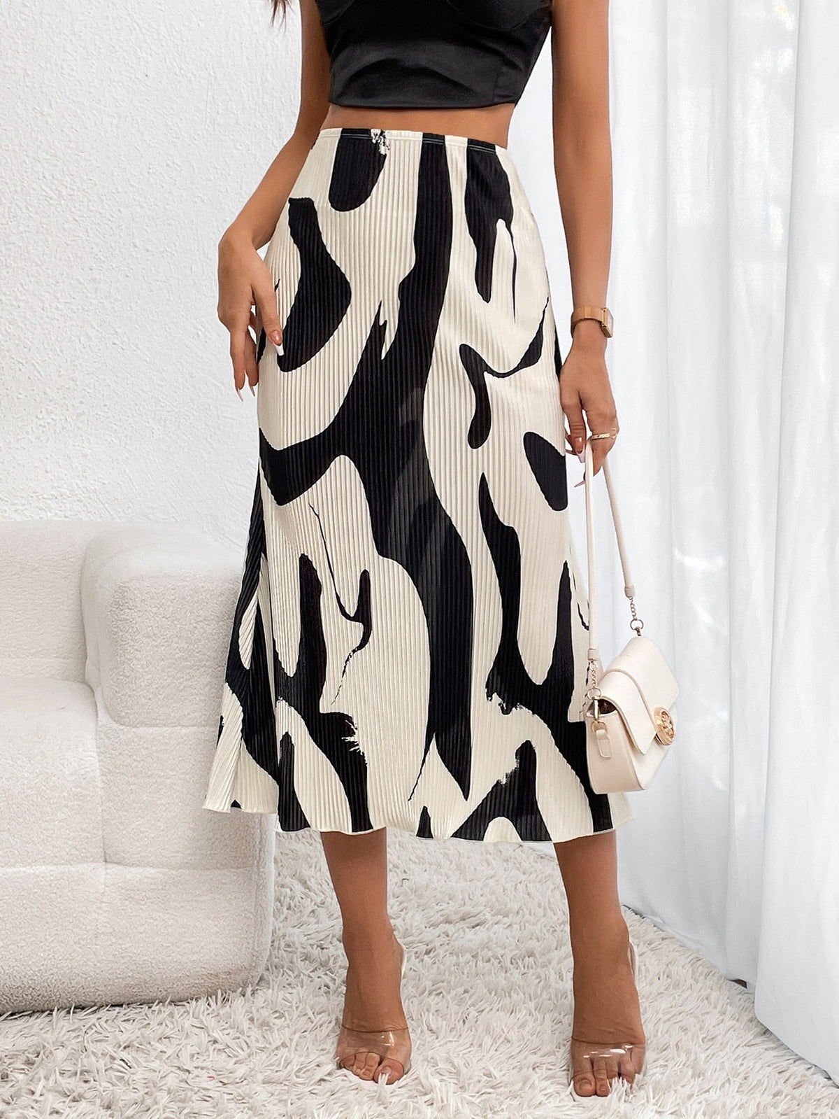 Graphic Print Pleated Maxi Skirt
