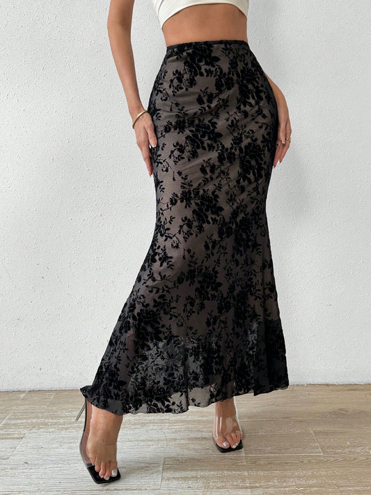 Floral Mesh Maxi Mermaid Skirt