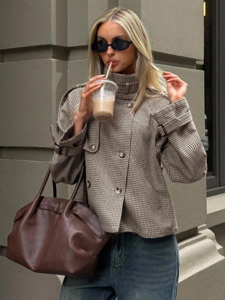 Houndstooth Funnel Neck Coat