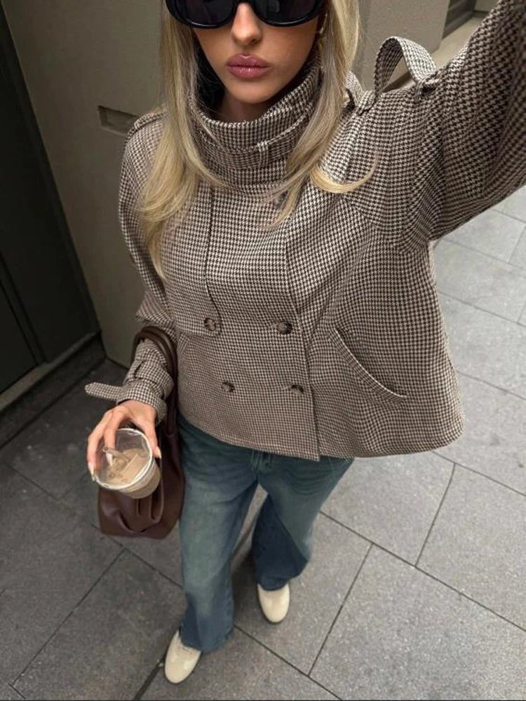 Houndstooth Funnel Neck Coat