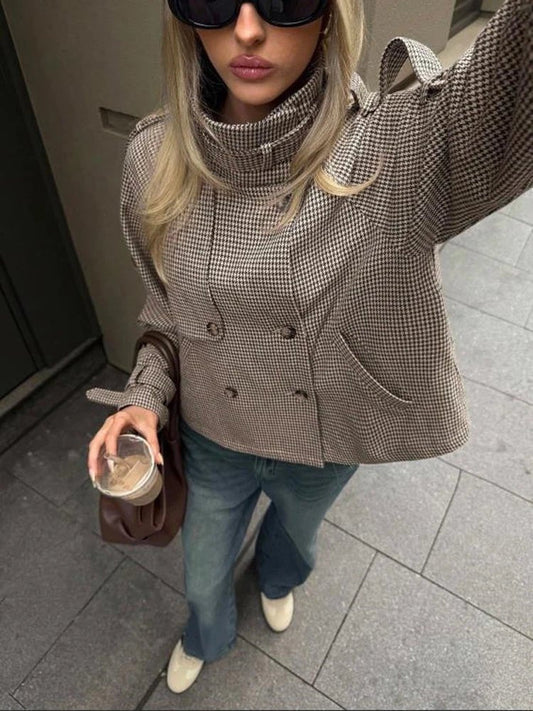 Houndstooth Funnel Neck Coat