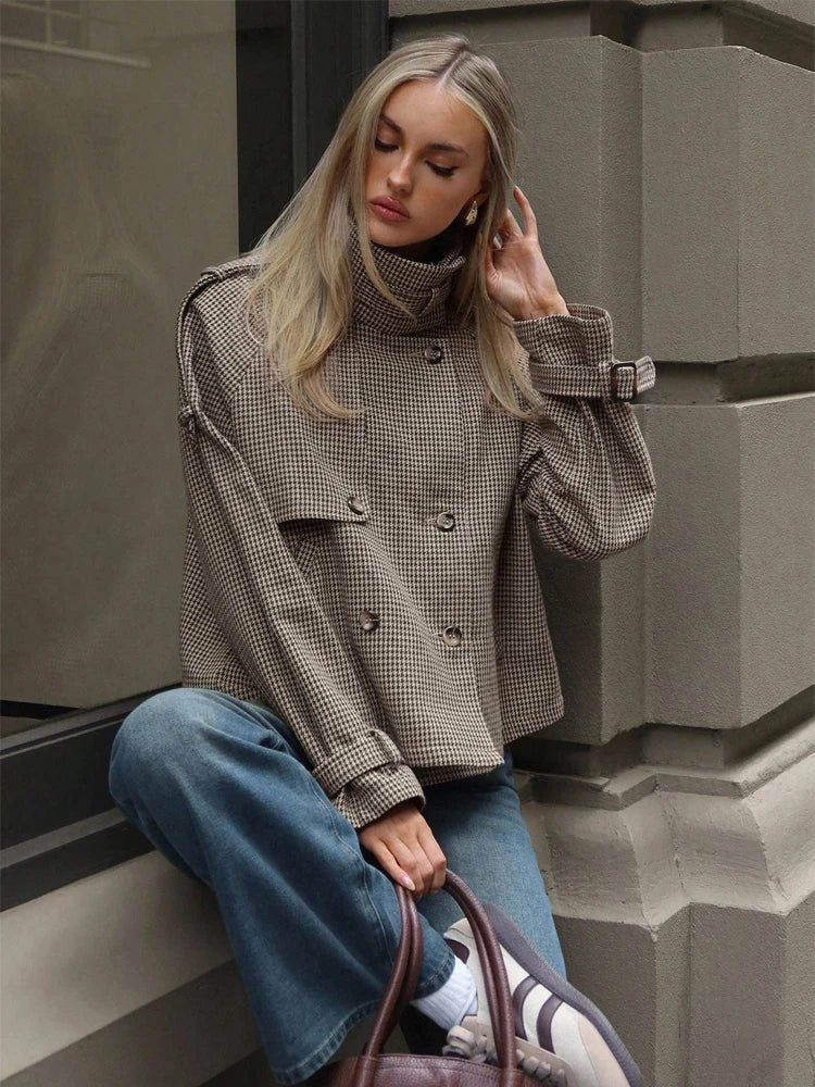 Houndstooth Funnel Neck Coat