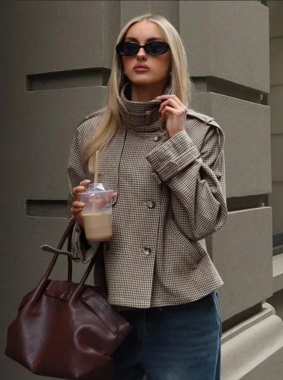 Houndstooth Funnel Neck Coat
