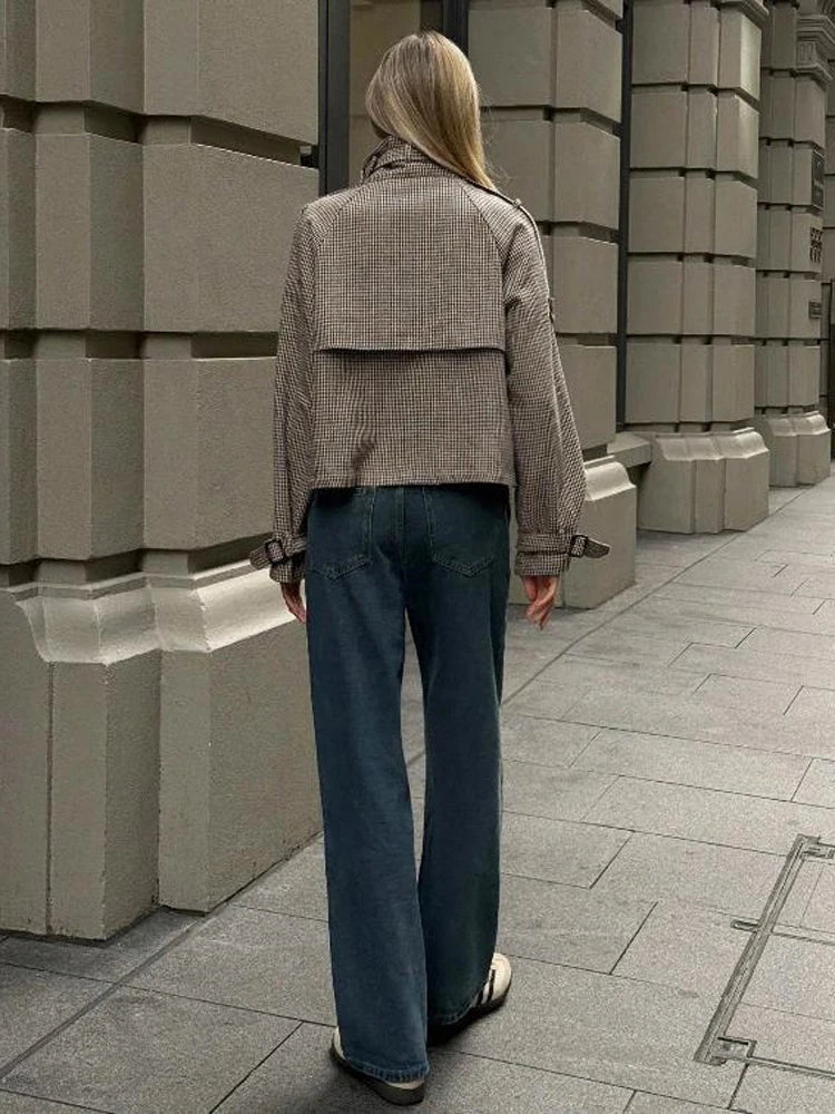 Houndstooth Funnel Neck Coat