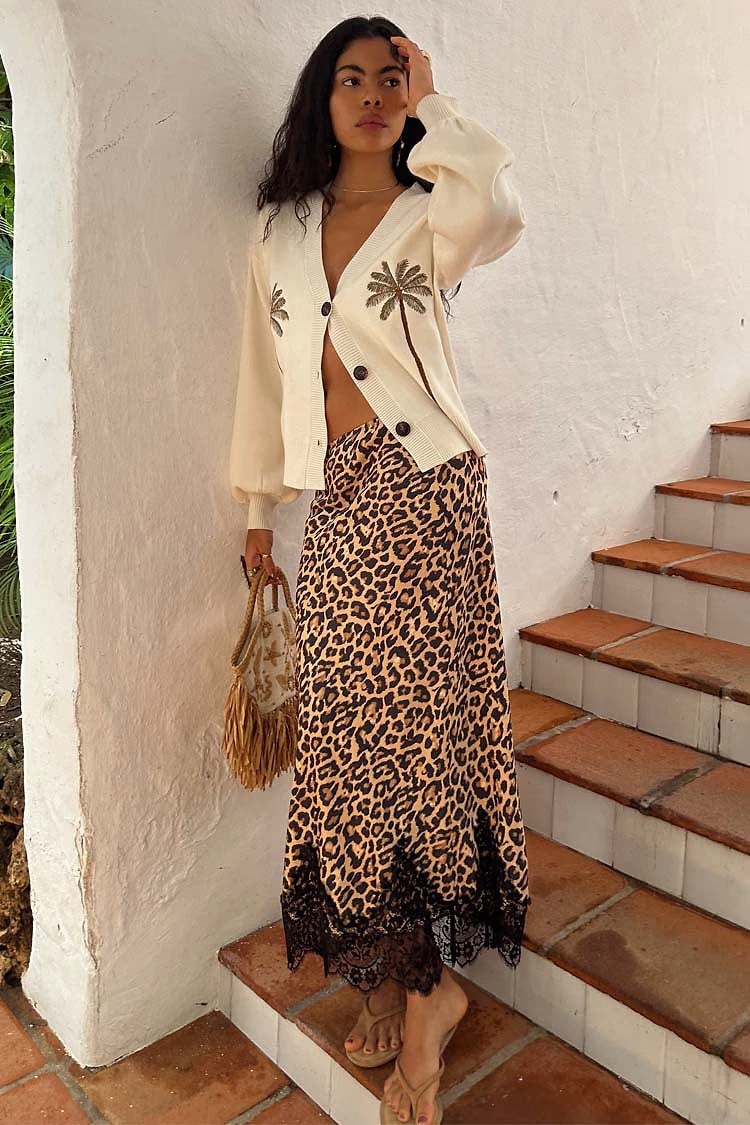 Leopard Lace Trim Midi Skirt