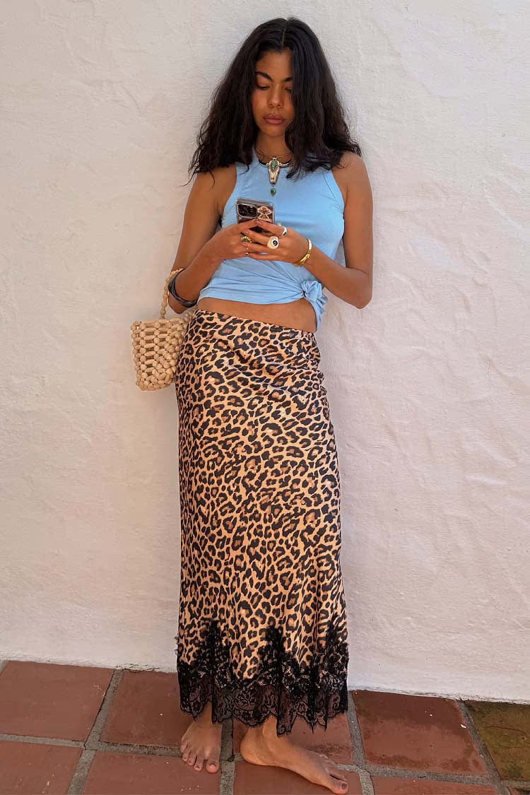 Leopard Lace Trim Midi Skirt