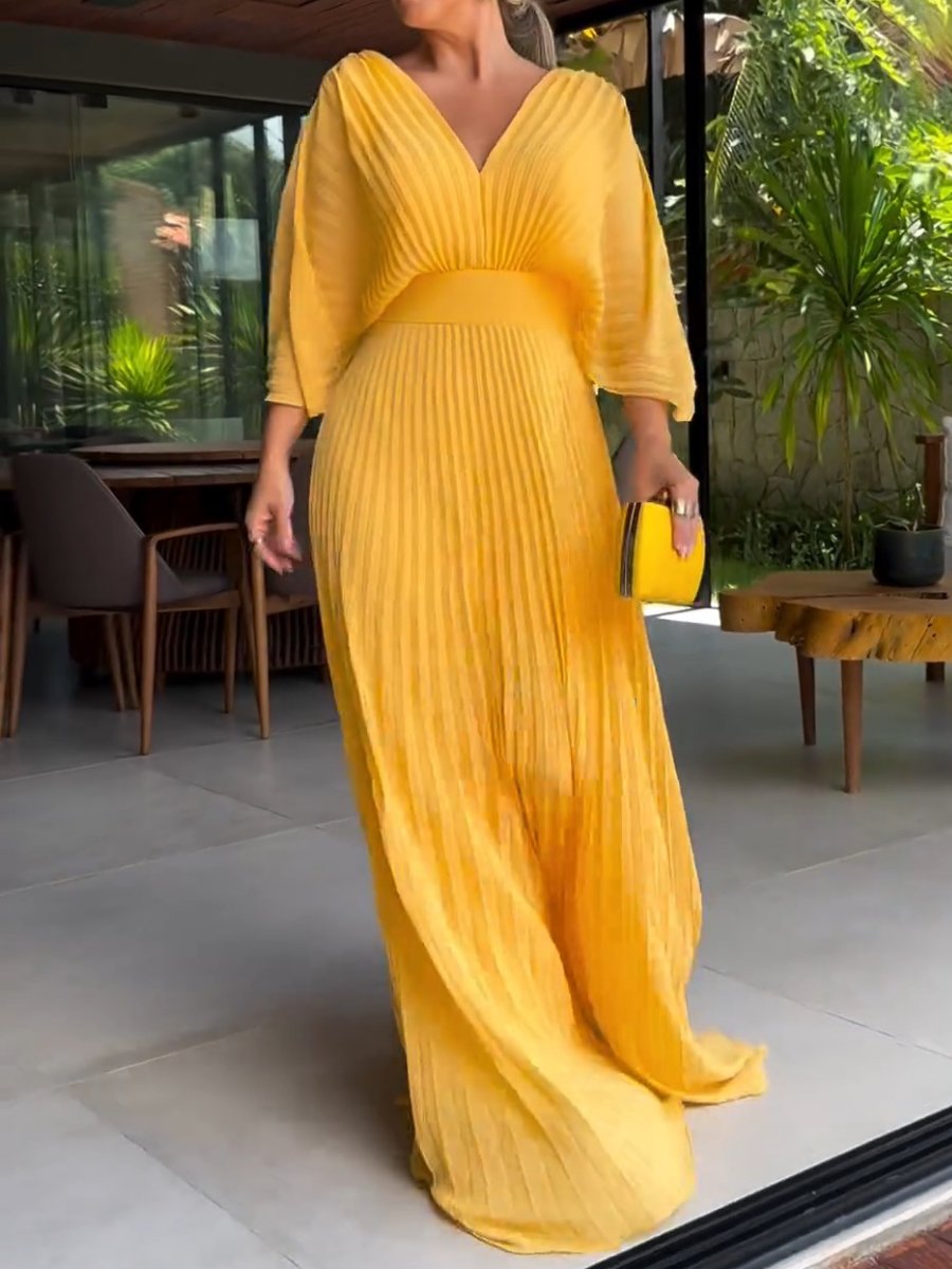 Pleated V-Neck Maxi Dress