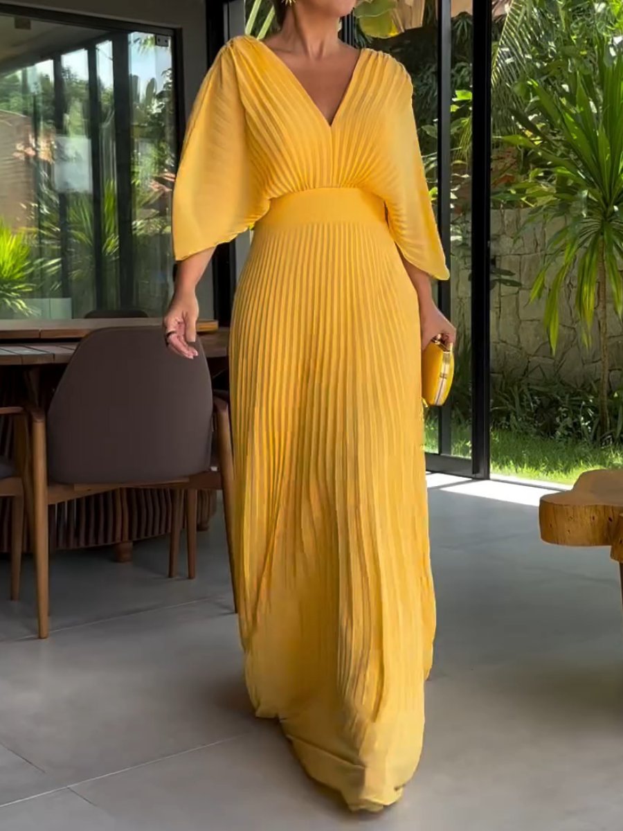 Pleated V-Neck Maxi Dress