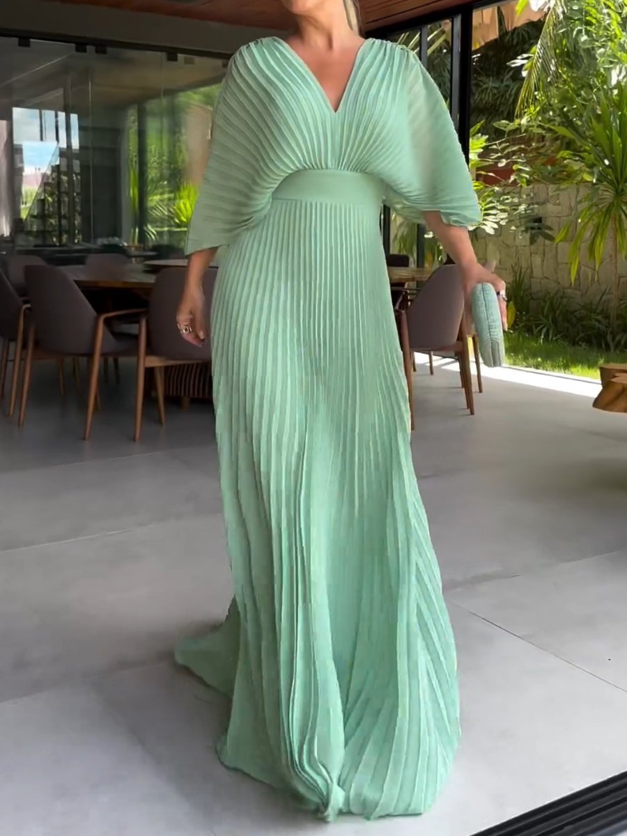 Pleated V-Neck Maxi Dress