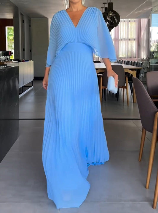 Pleated V-Neck Maxi Dress