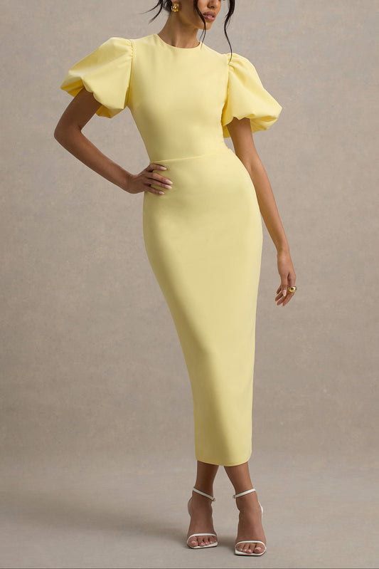 Lemon Puff Sleeve Midi Dress