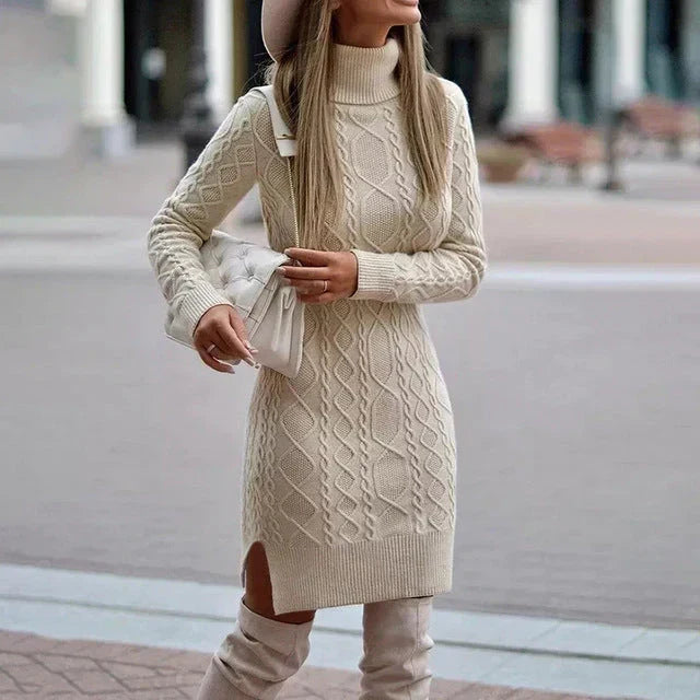 Cable Knit Sweater Dress with Roll Neck