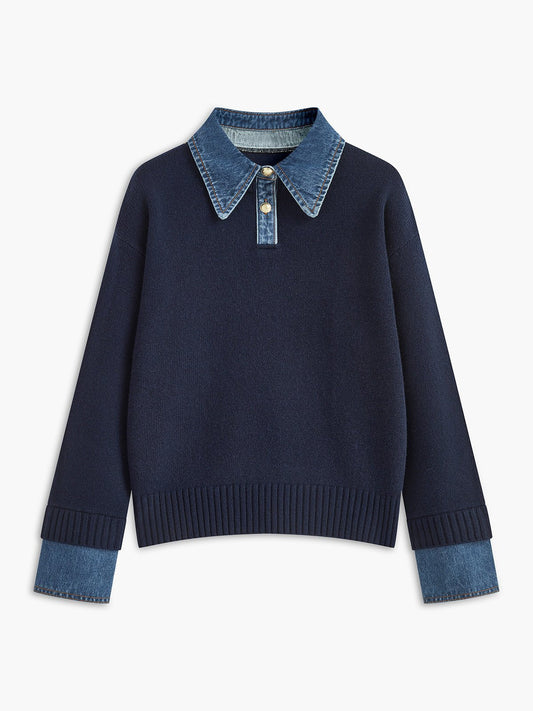Knit Polo Jumper with Denim Collar